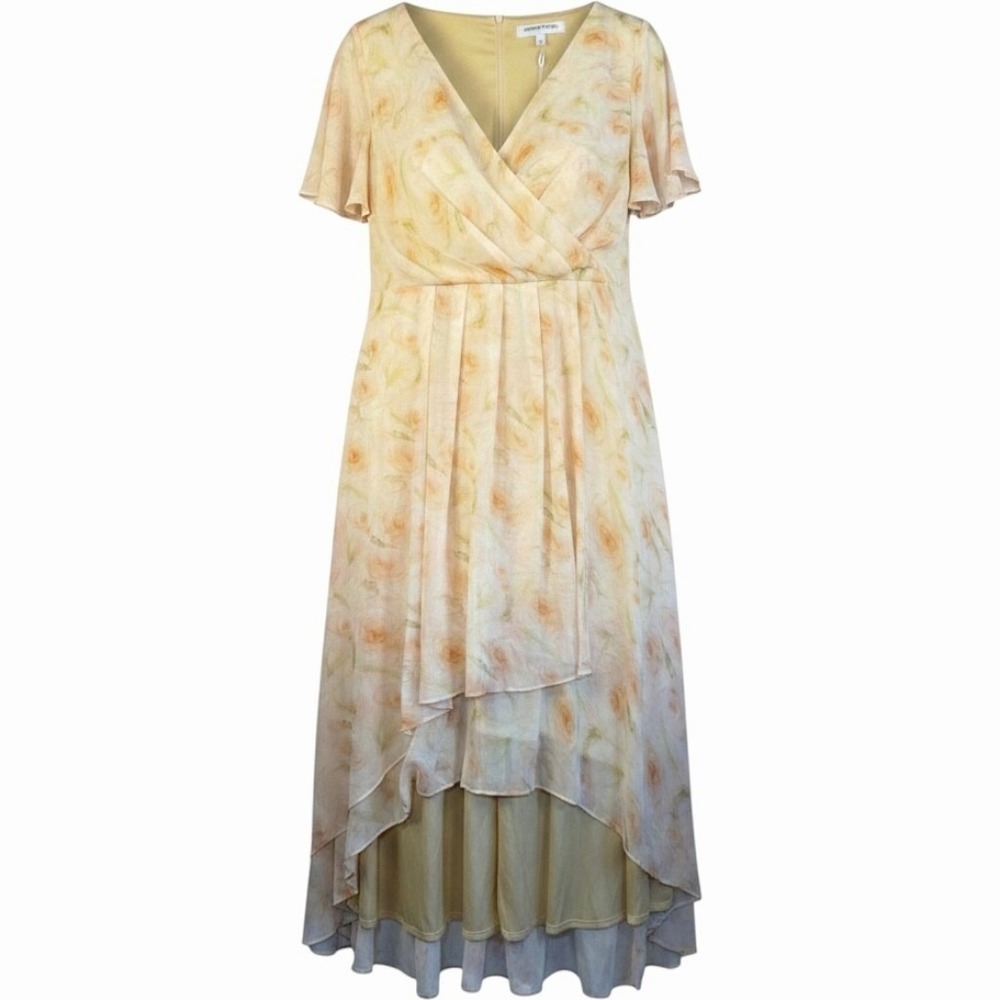 Womens Floral Wrap Dress 1XL XL Hi Low Chiffon Short Sleeve Pleated Midi Wedding